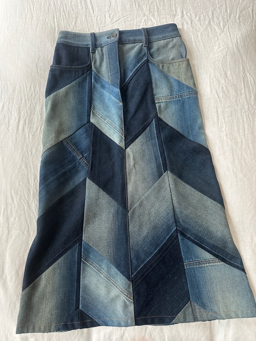 PRADA Herringbone Patchwork Denim Skirt
